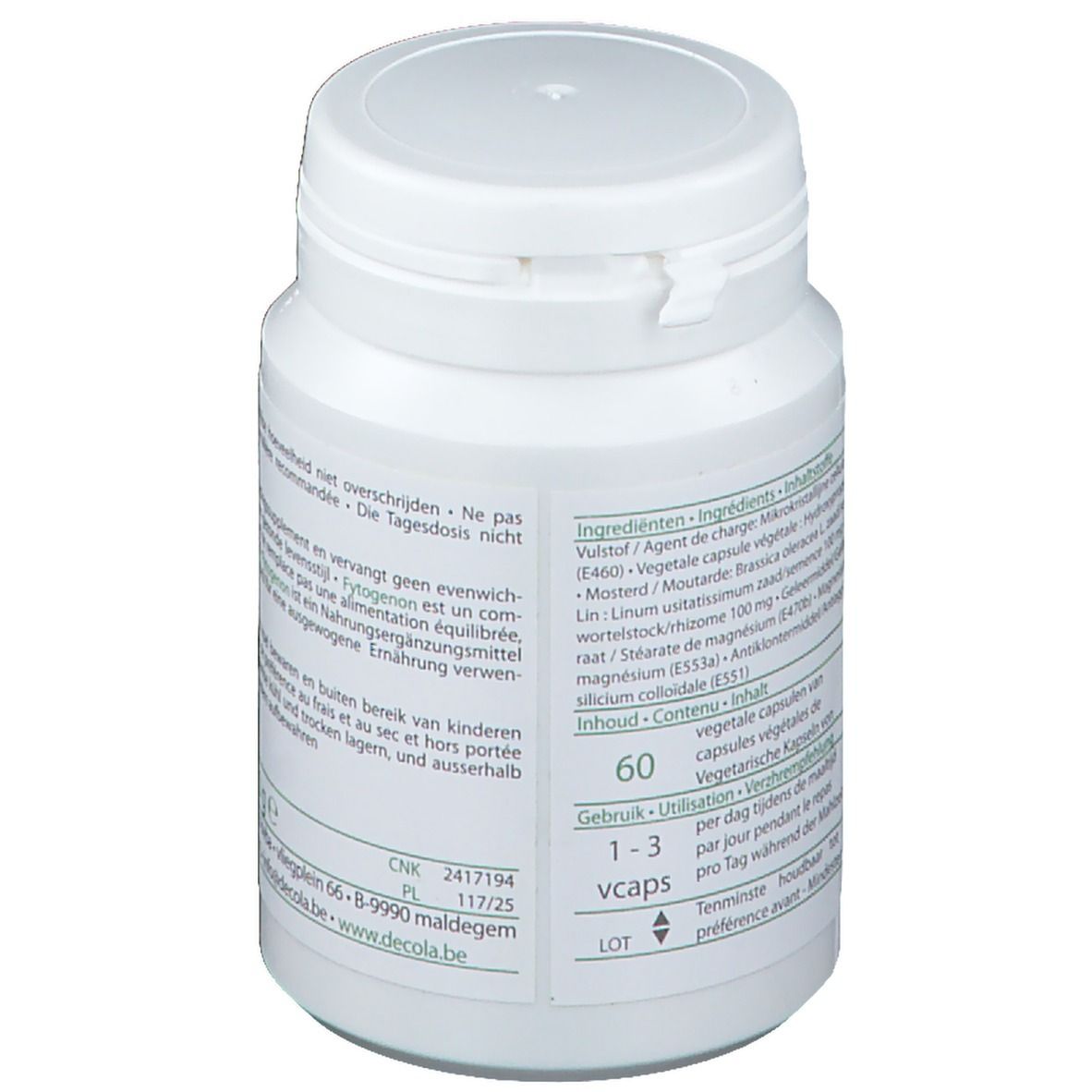 Flacon blanc avec couvercle. Inscription : 60 vcaps. Liste des ingrédients. Dosage : 1-3 vcaps par jour.