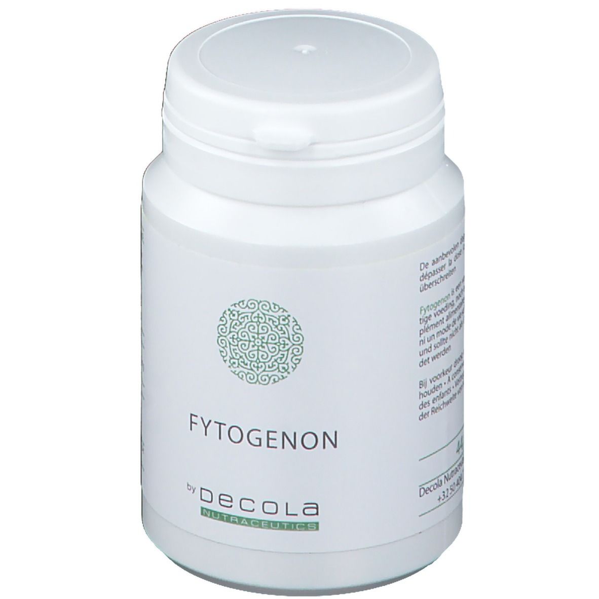 Flacon blanc avec couvercle. Inscription : FYTOGENON, by Decola Nutraceutics. Motif vert.