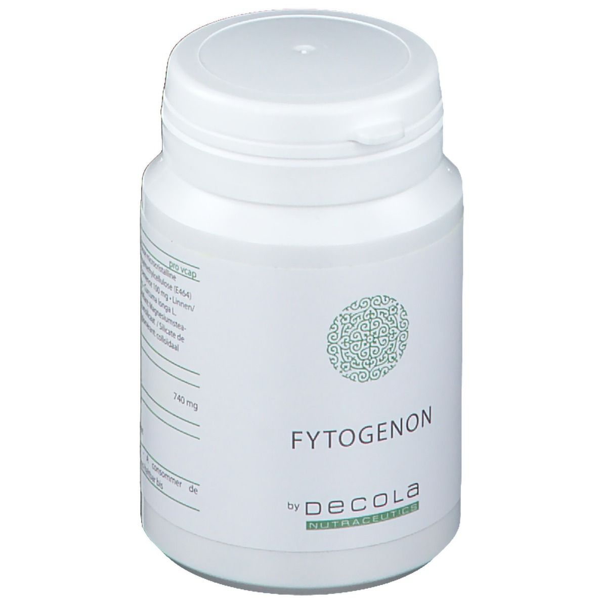 Flacon blanc avec couvercle. Inscription : FYTOGENON, by Decola Nutraceutics. 740 mg. Texte sur l'étiquette.