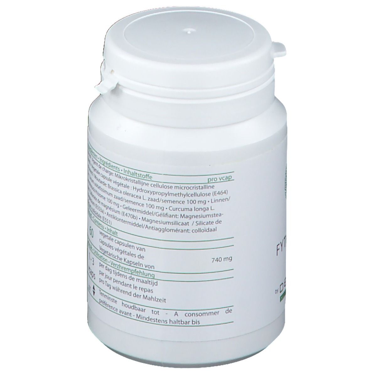 Flacon blanc avec couvercle. Liste des ingrédients. Inscription : 60 vcaps. A consommer de préférence avant...