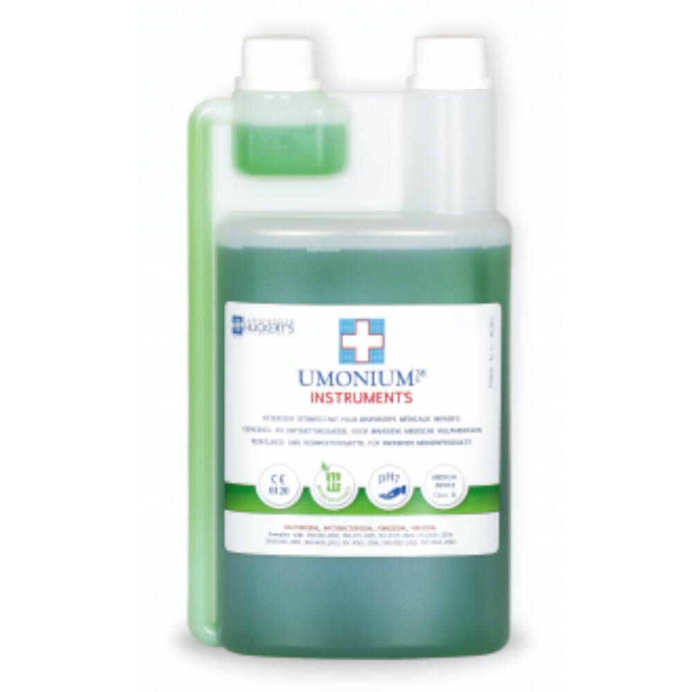 Umonium 38 Instruments. Liquide vert en flacon rectangulaire avec doseur. Inscriptions et logos visibles.