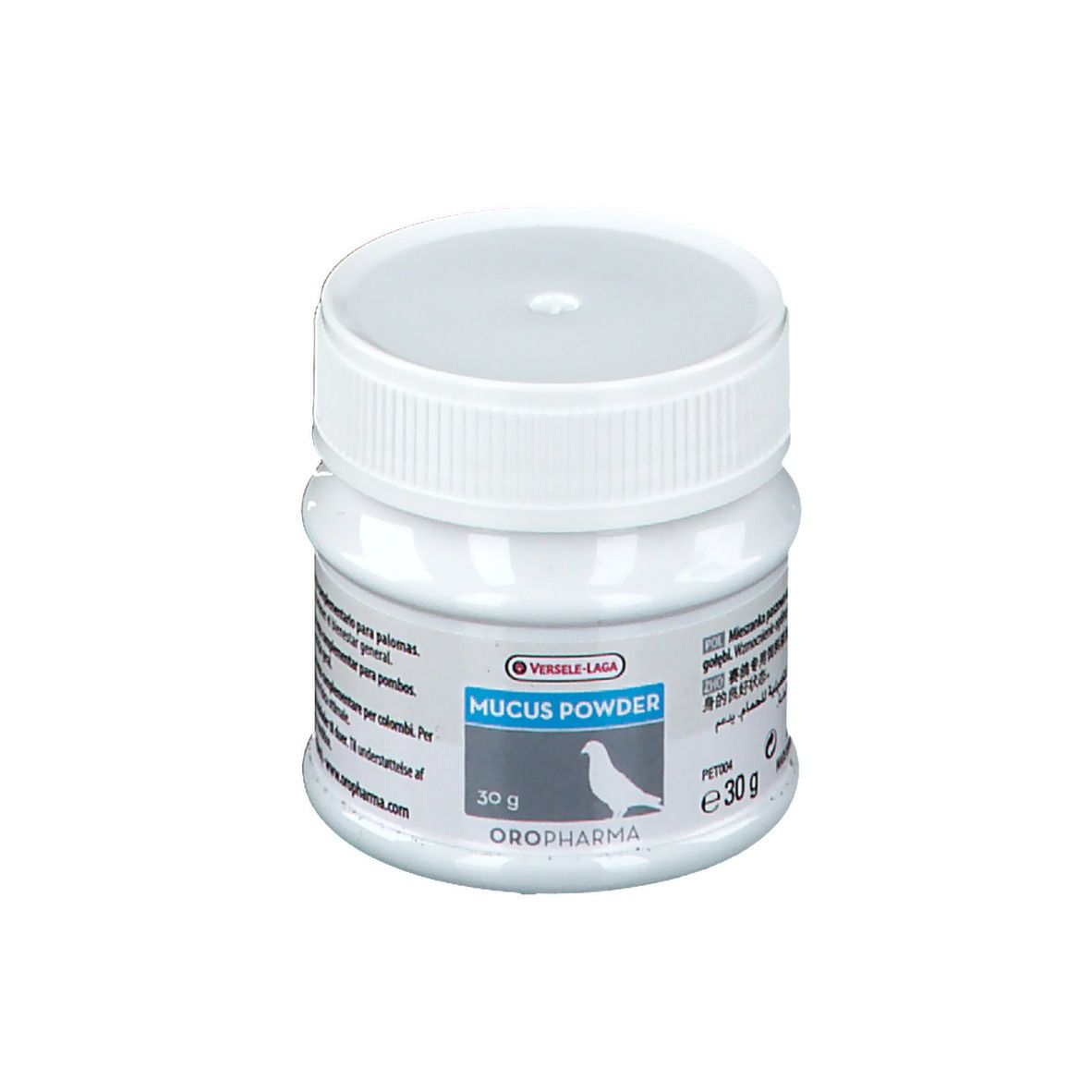 Pot blanc avec couvercle. Inscription: MUCUS POWDER, 30 g. Logo: pigeon. Fabricant: OROPHARMA.
