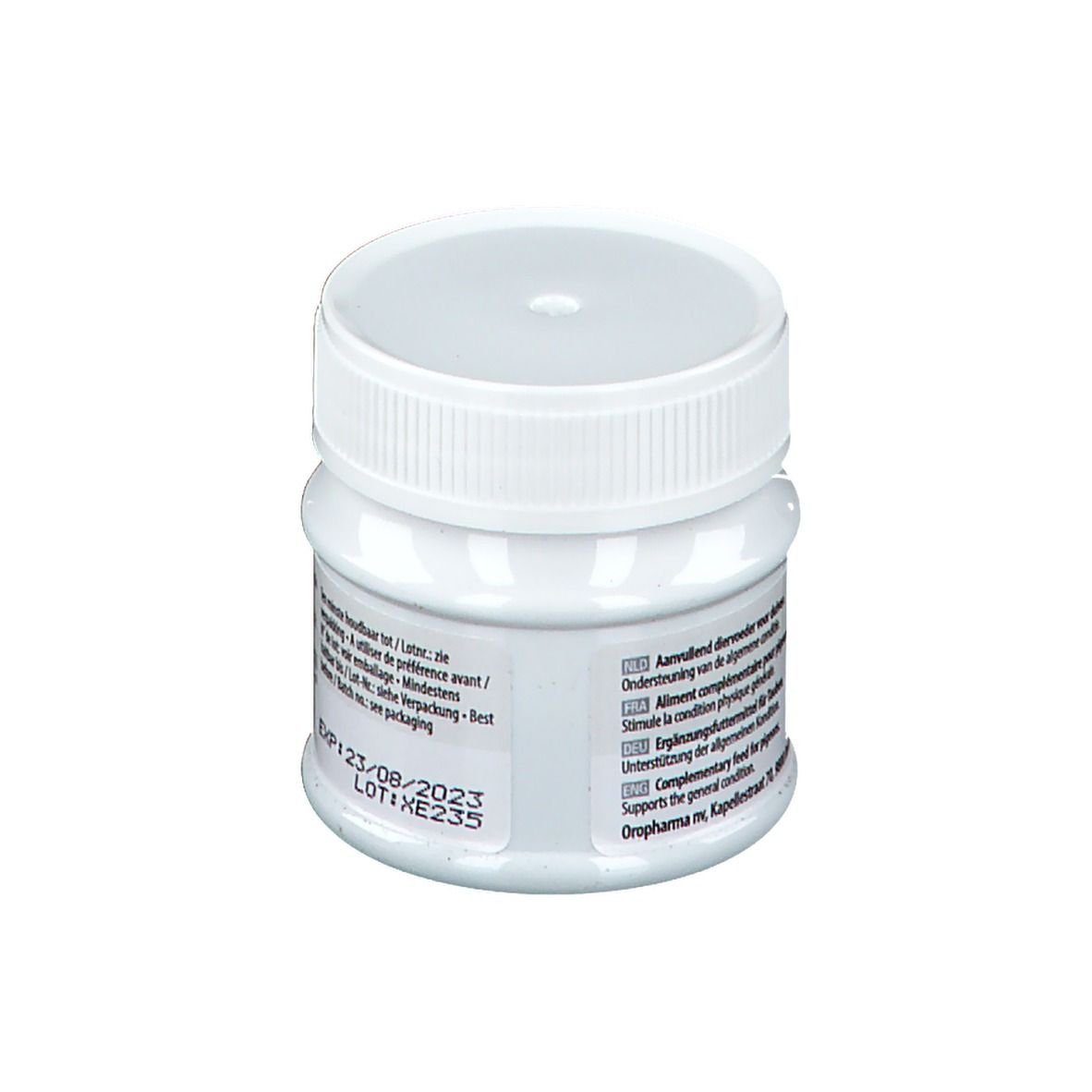 Pot blanc avec couvercle. Informations fabricant et date d'expiration: 23/08/2023. Texte multilingue.