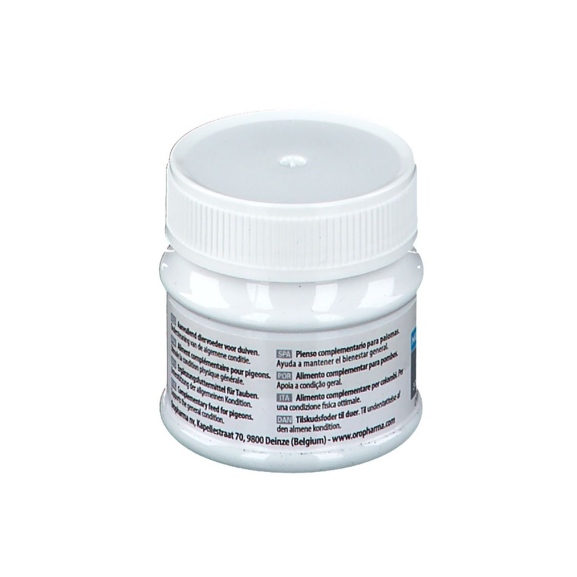 Pot blanc avec couvercle. Informations fabricant. Texte multilingue. Adresse: Kapeldreef 70, 9800 Deinze.