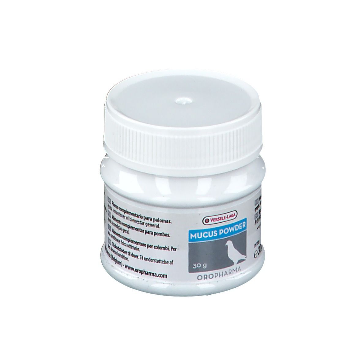 Pot blanc avec couvercle. Inscription: MUCUS POWDER, 30 g. Logo: pigeon. Fabricant: OROPHARMA. Texte multilingue.