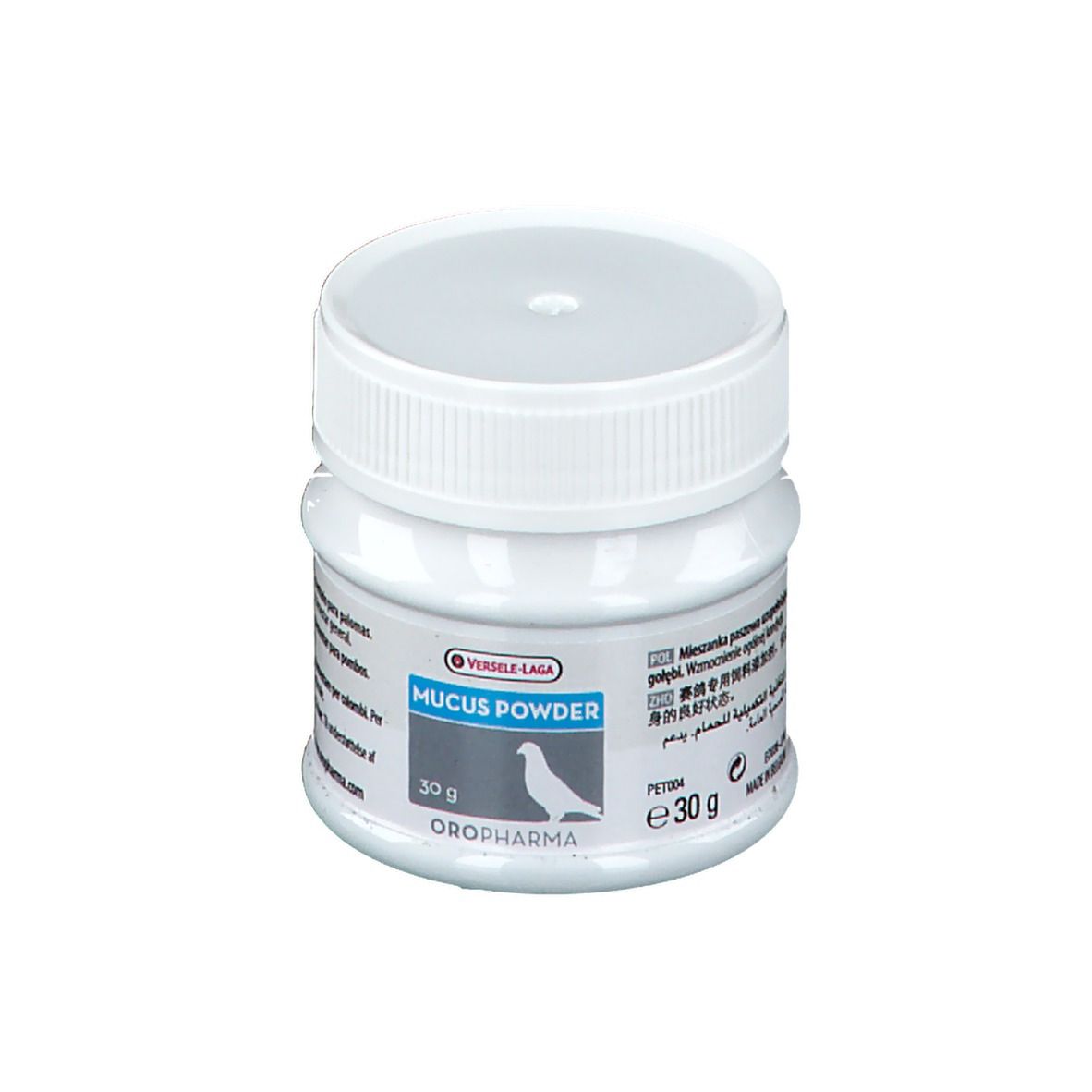 Pot blanc avec couvercle. Inscription: MUCUS POWDER, 30 g. Logo: pigeon. Fabricant: OROPHARMA. Texte multilingue.