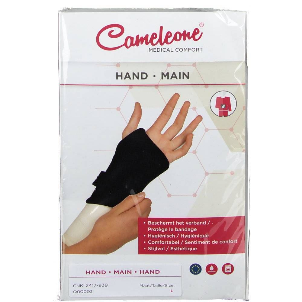 Emballage d'une protection de poignet noire. Marque : Cameleone. Inscription : HAND MAIN. Taille L.
