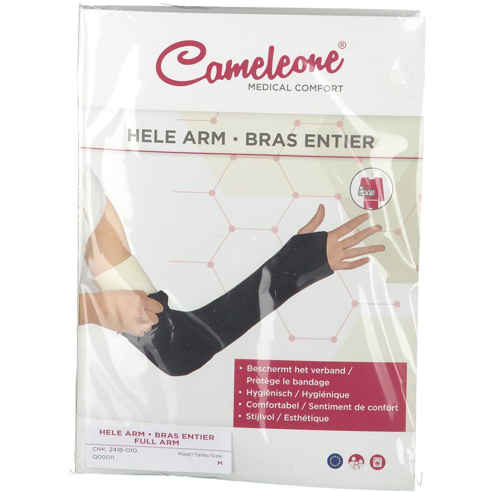 Cameleone® Bras entier. Zwarte armbandage in verpakking. Opschrift: Hele Arm, Bras entier. Logo en productnaam.