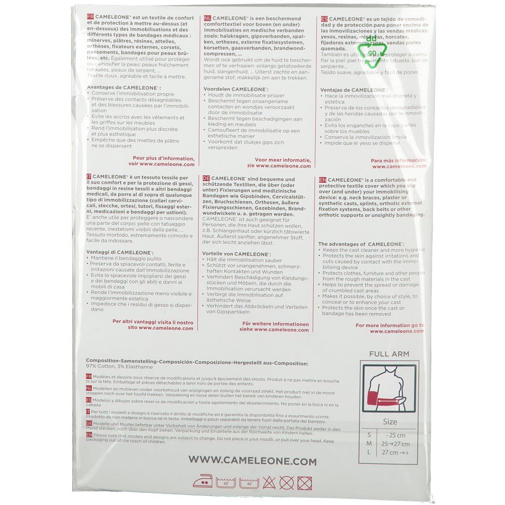 Achterkant van de Cameleone® Bras entier verpakking. Tekst in meerdere talen. Illustratie van een arm. Maatindicaties: S, M, L.