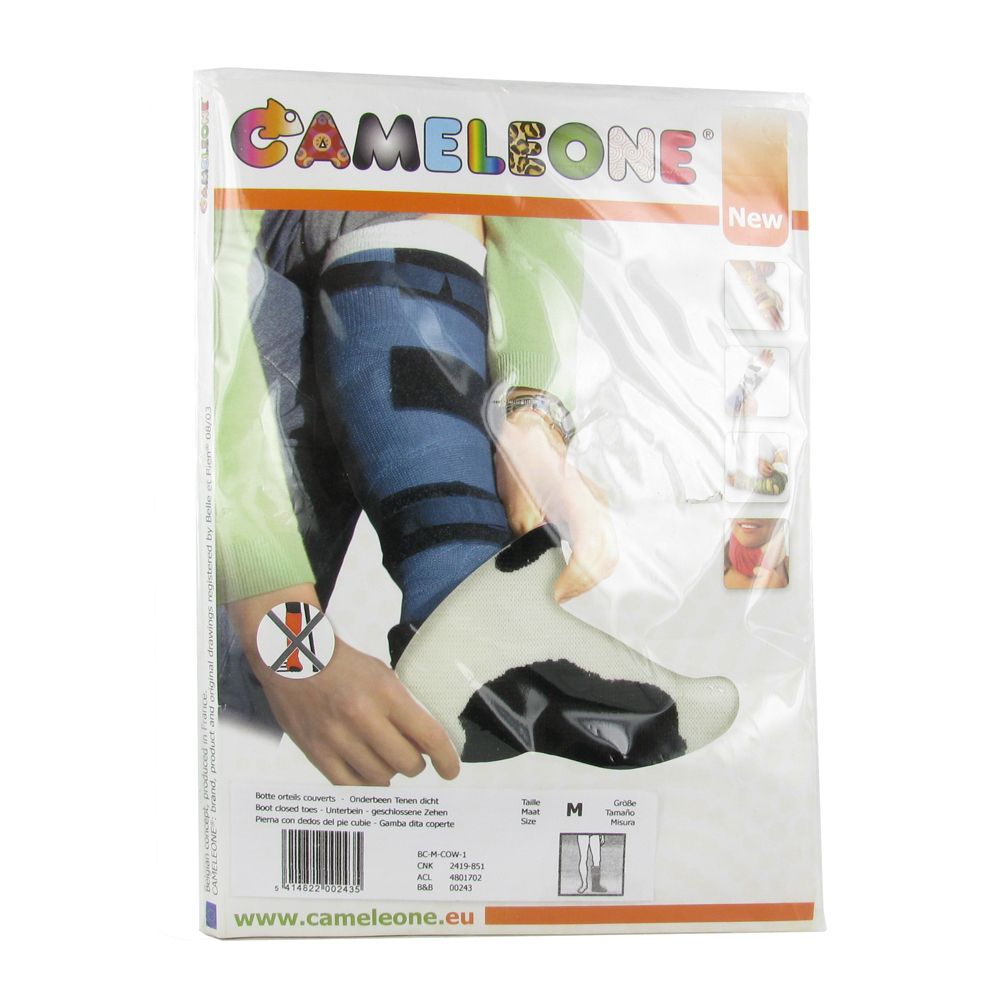 Emballage Cameleone pour le bas de la jambe, bout fermé, taille M. Produit emballé dans du plastique. Inscriptions et illustrations.