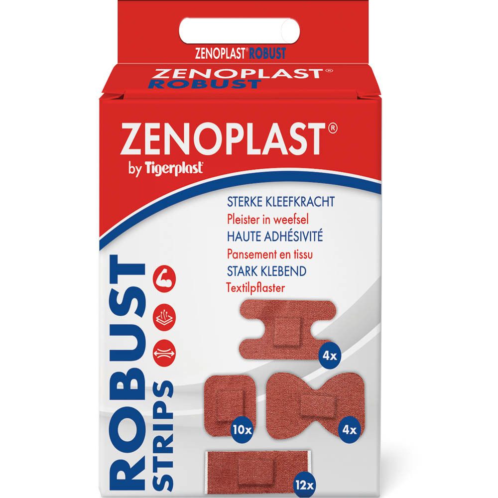 Emballage de Zenoplast Robust Strips. Différentes formes et tailles de pansements. Inscription : Zenoplast by Tigerplast.