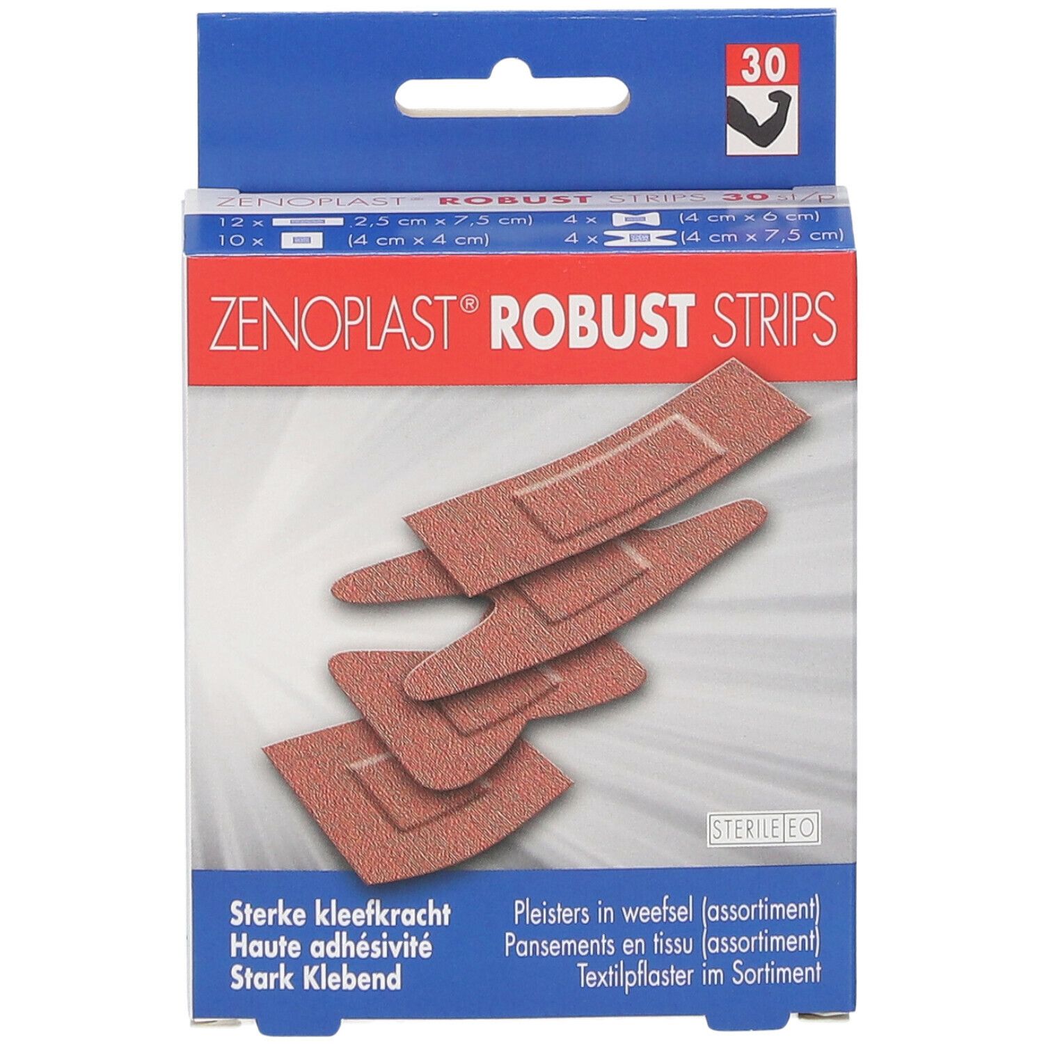 Boîte de pansements Zenoplast Robust Strips. Différentes formes et tailles de pansements sont visibles.