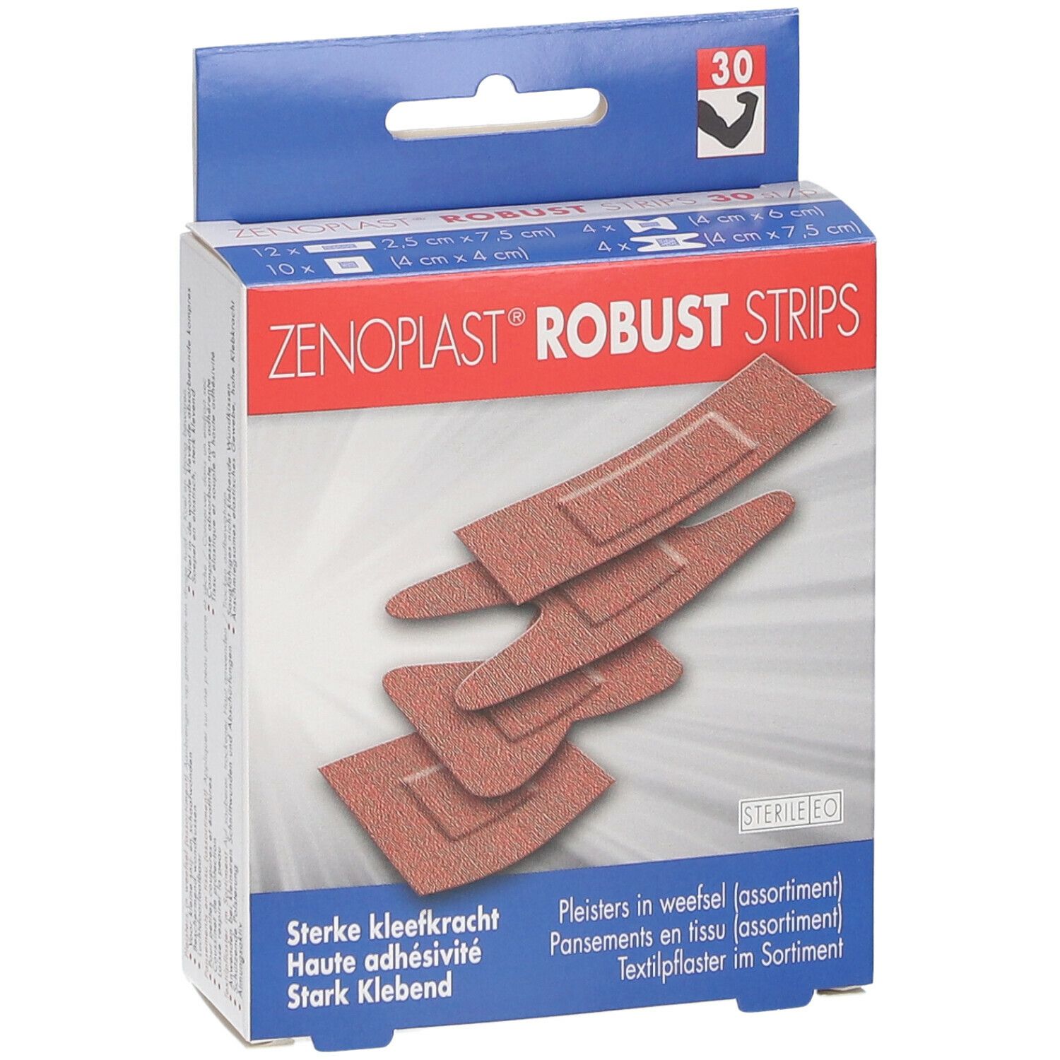 Boîte de pansements Zenoplast Robust Strips. Différentes formes et tailles de pansements sont visibles.