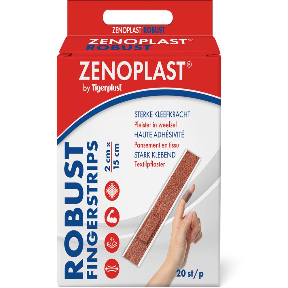 Boîte de Zenoplast Robust Fingerstrips. Affiche des pansements et une main. Texte: 2 cm x 15 cm, 20 st/p.