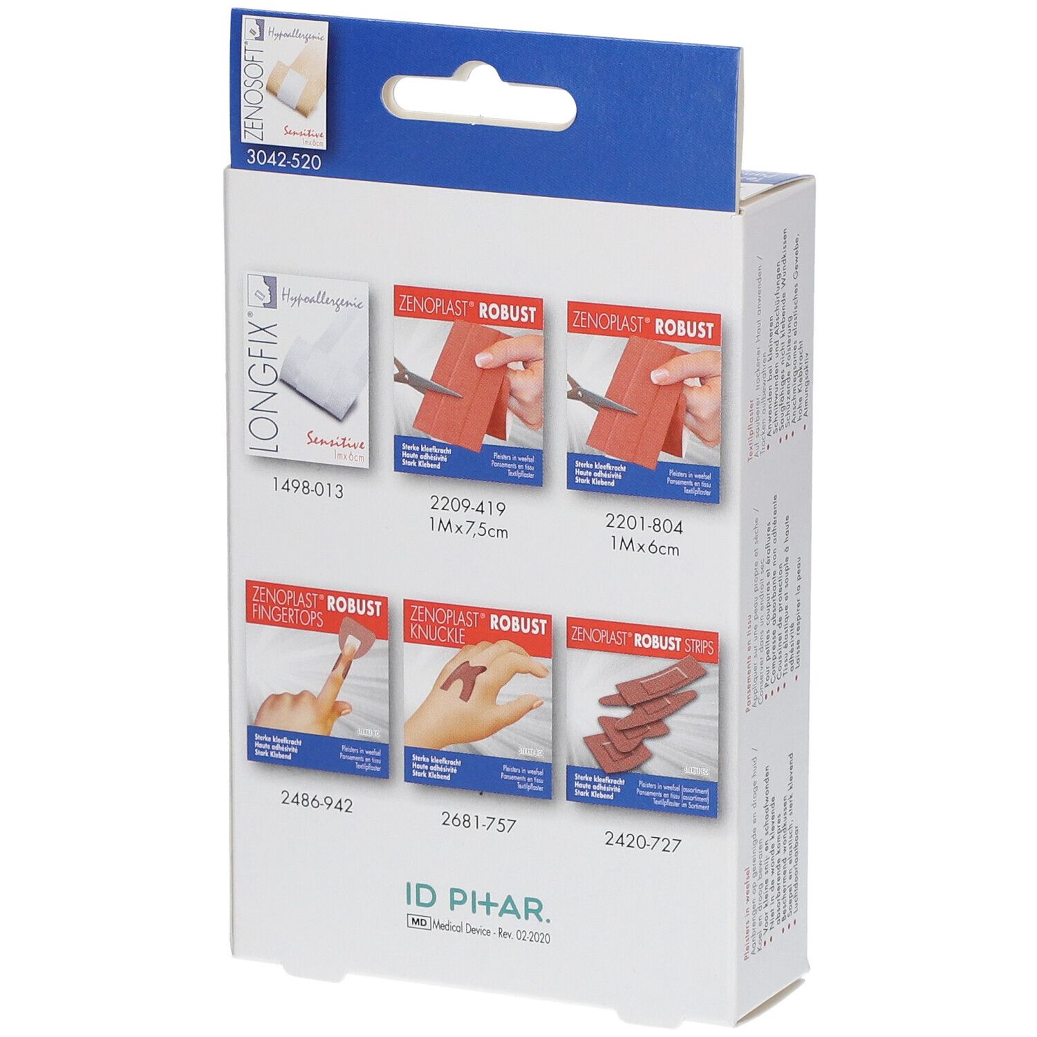 Dos de la boîte de Zenoplast Robust Fingerstrips. Affiche différentes variantes et tailles de produits.