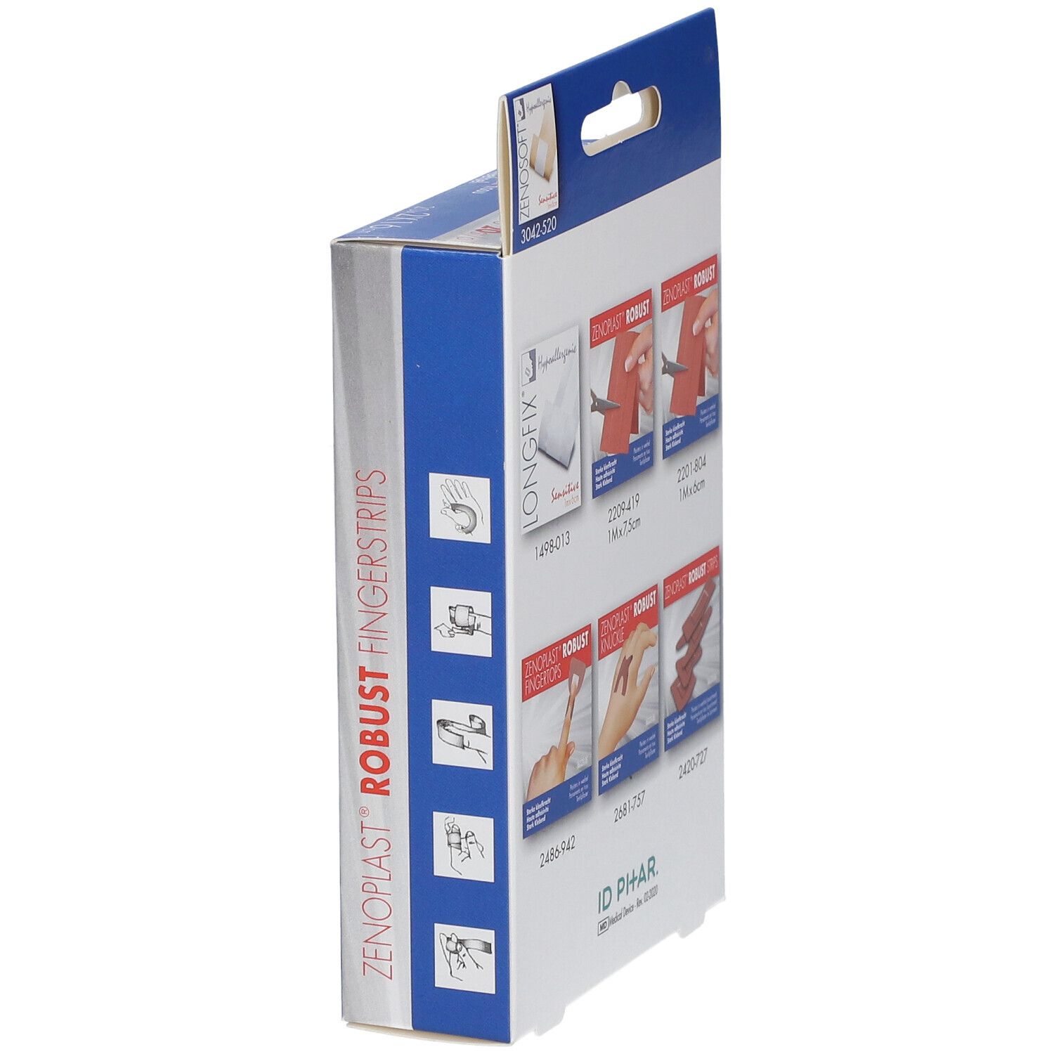 Vue latérale de la boîte de Zenoplast Robust Fingerstrips. Affiche des illustrations de produits et des logos.