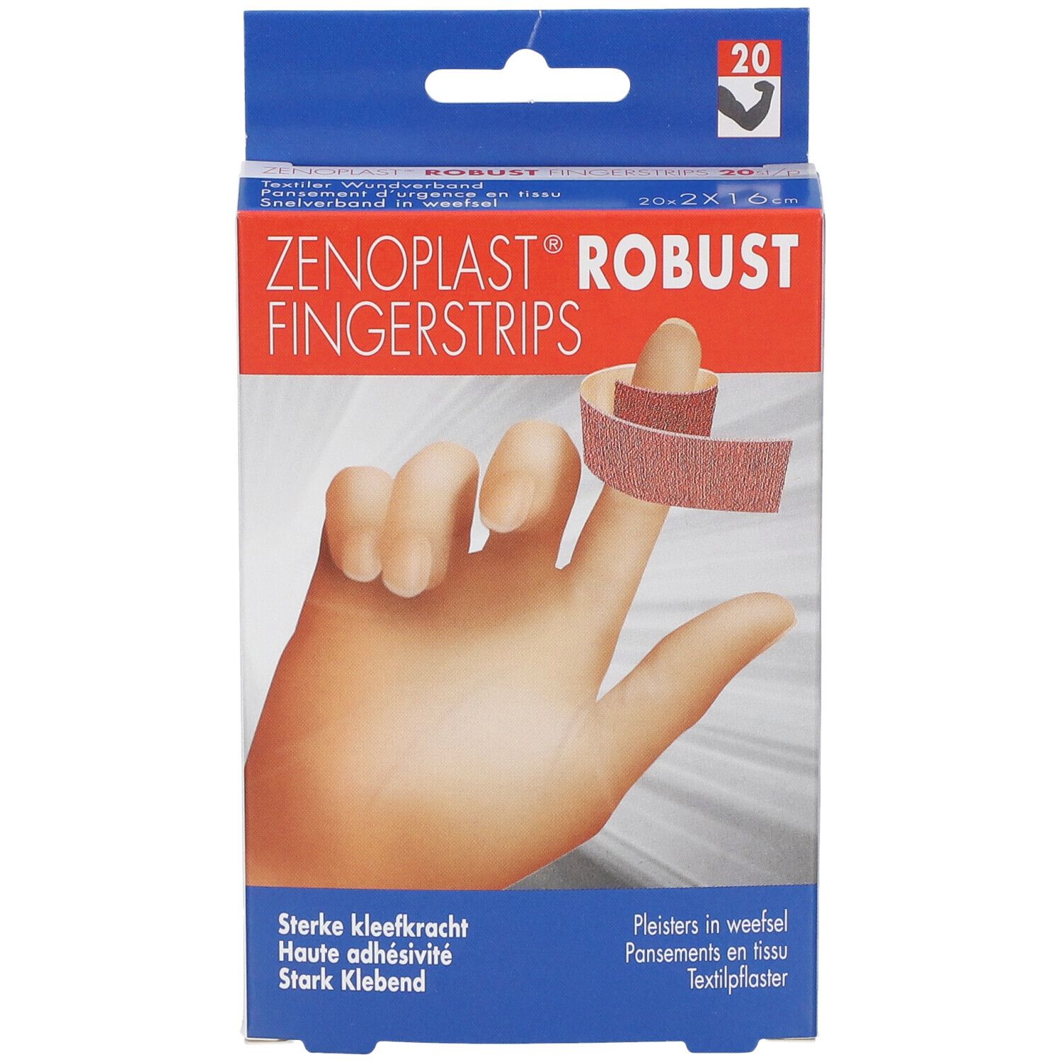 Boîte de Zenoplast Robust Fingerstrips. Montre une main avec un pansement sur un doigt. Texte: Haute adhésivité.