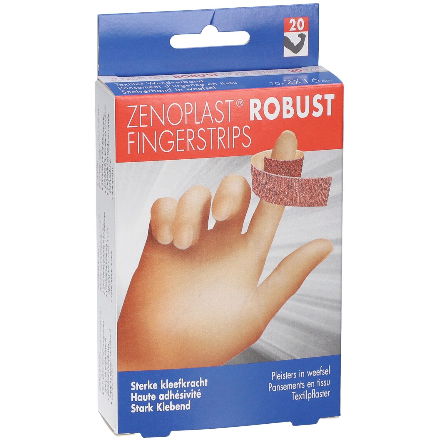 Boîte de Zenoplast Robust Fingerstrips. Montre une main avec un pansement sur un doigt. Texte: Haute adhésivité.