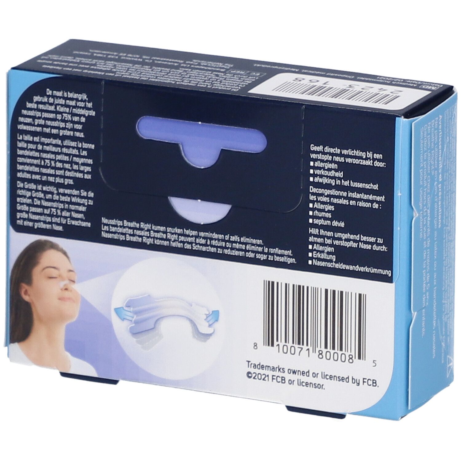 Achterkant van de productverpakking met afbeelding en tekst. Bevat 30 neusstrips. Blauwe en witte kleuren.
