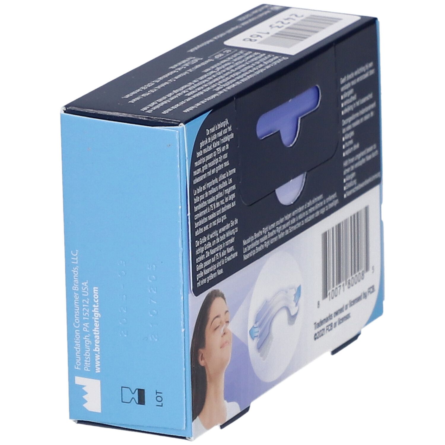 Schuine productverpakking met tekst en afbeelding. Blauwe en witte kleuren. Bevat 30 neusstrips.