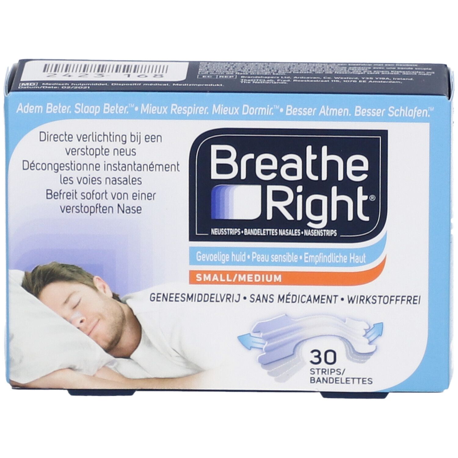 Productdoos met naam en afbeelding. Bevat 30 neusstrips voor kleine/medium neuzen. Tekst in meerdere talen.