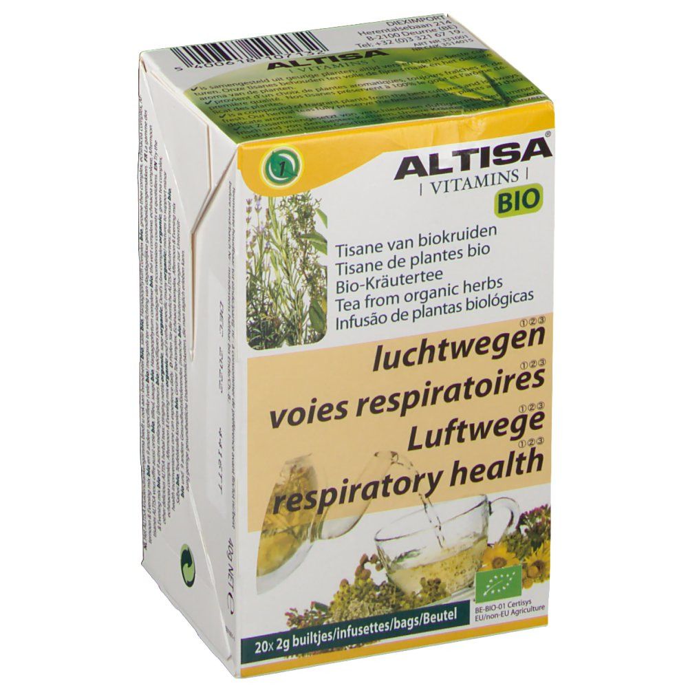 Boîte de tisane ALTISA® BIO. Face avant avec nom du produit, illustrations et texte multilingue. Label bio.