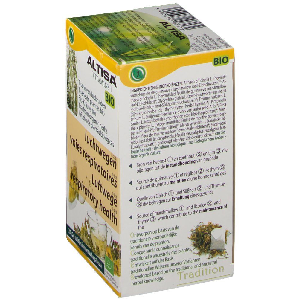 Dos de la boîte de tisane ALTISA® BIO. Liste des ingrédients, texte multilingue. Label bio et logo Tradition.