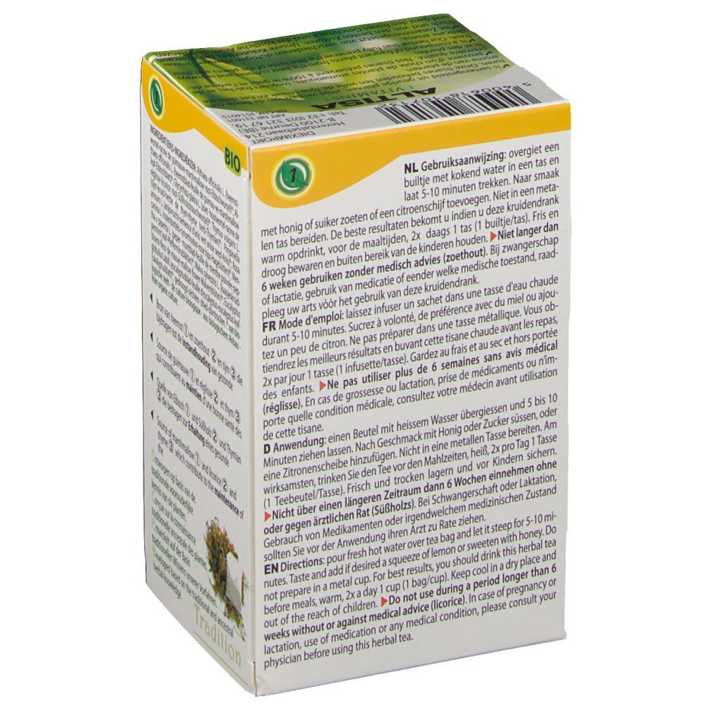 Côté de la boîte de tisane ALTISA® BIO. Mode d'emploi multilingue. Label bio.