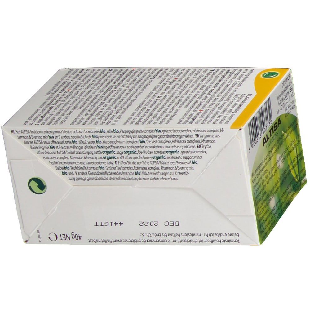 Dessous de la boîte de tisane ALTISA® BIO. Texte et logo. Date de péremption.