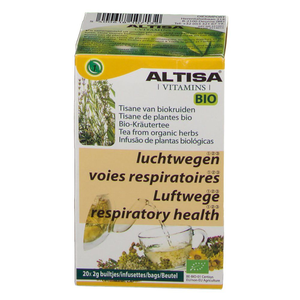 Face avant de la boîte de tisane ALTISA® BIO. Nom du produit, illustrations et texte multilingue. Label bio.