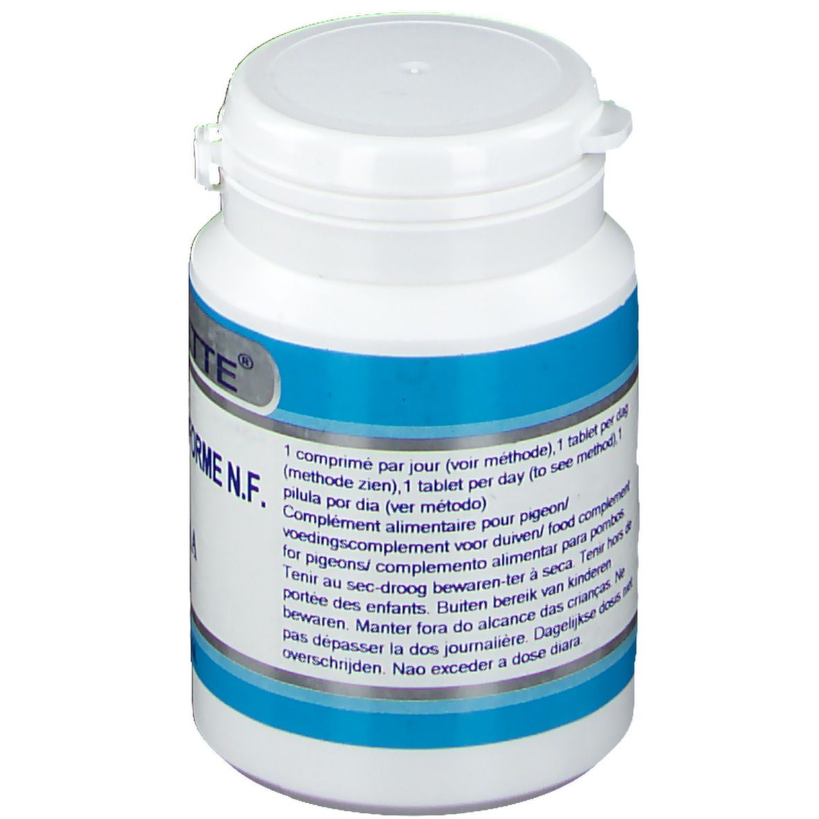 Witte tablettenfles met blauw etiket. Tekst: 1 tablet per dag. Voor duiven. GENETTE SUPERFORME N.F.