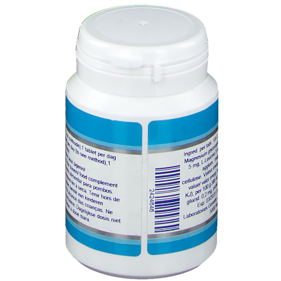 Achteraanzicht van een witte tablettenfles met blauw etiket. Tekst: Ingréd. per tabl. Magnesium glyceroph.