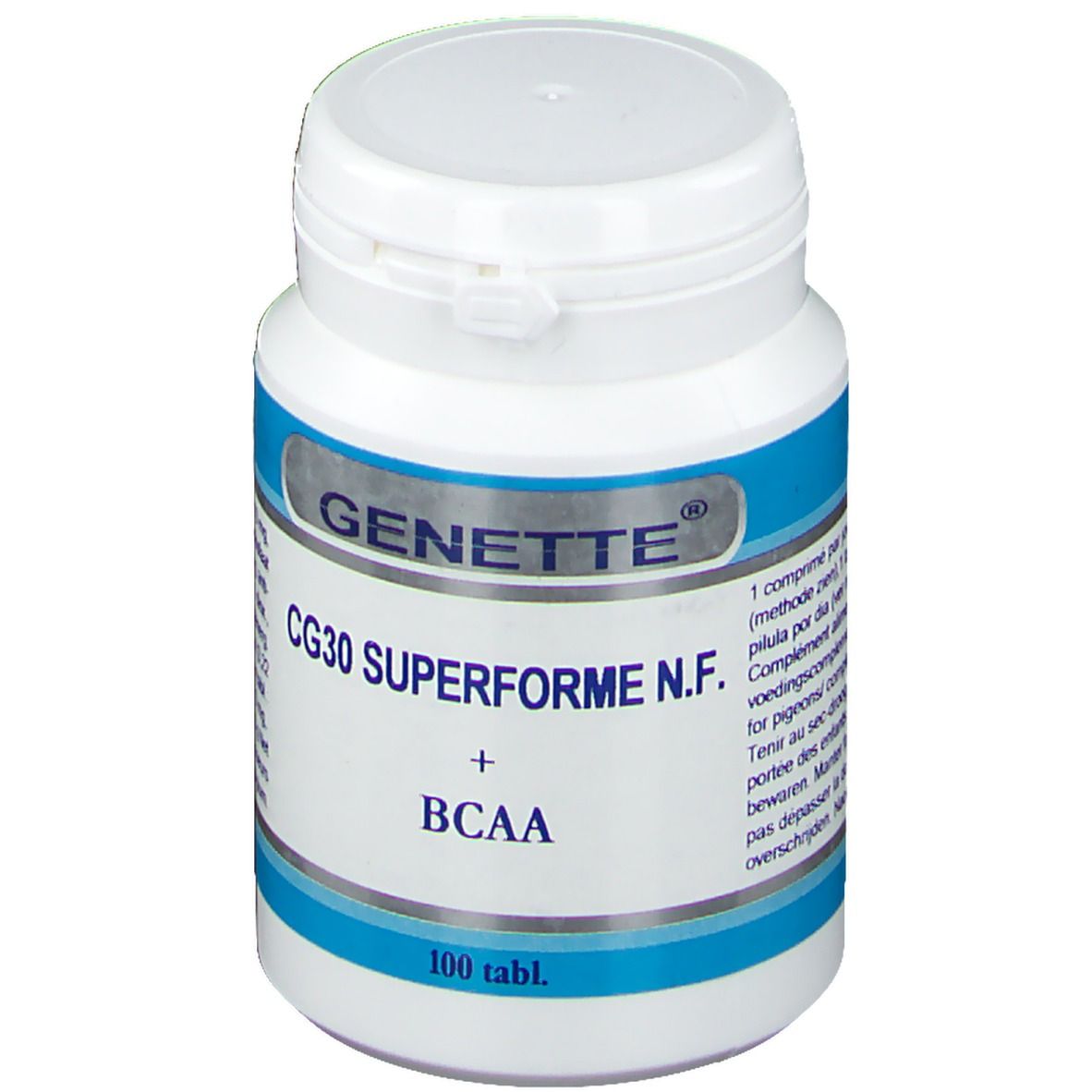 Witte tablettenfles met blauw etiket. Opschrift: GENETTE, CG30 SUPERFORME N.F. + BCAA. 100 tabl.
