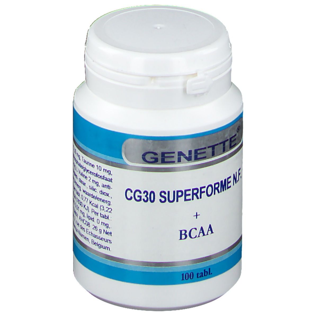 Witte tablettenfles met blauw etiket. Opschrift: GENETTE, CG30 SUPERFORME N.F. + BCAA. 100 tabl.
