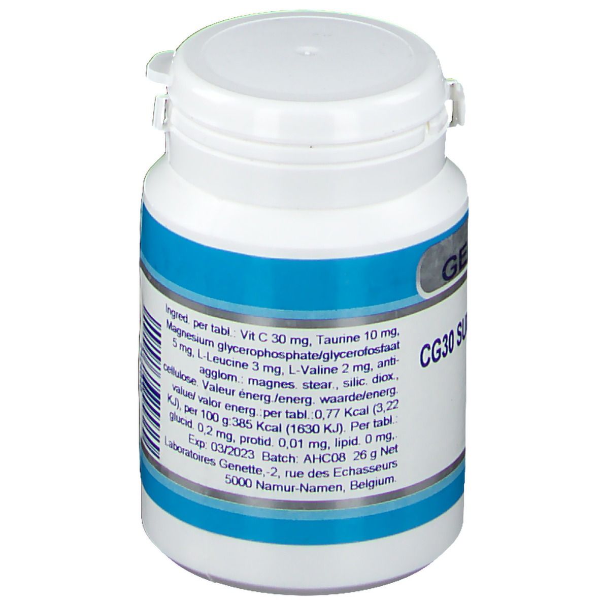 Witte tablettenfles met blauw etiket. Tekst: Ingréd. per tabl. Vit C 30 mg, L-Leucine 3 mg. Exp 03/2023.