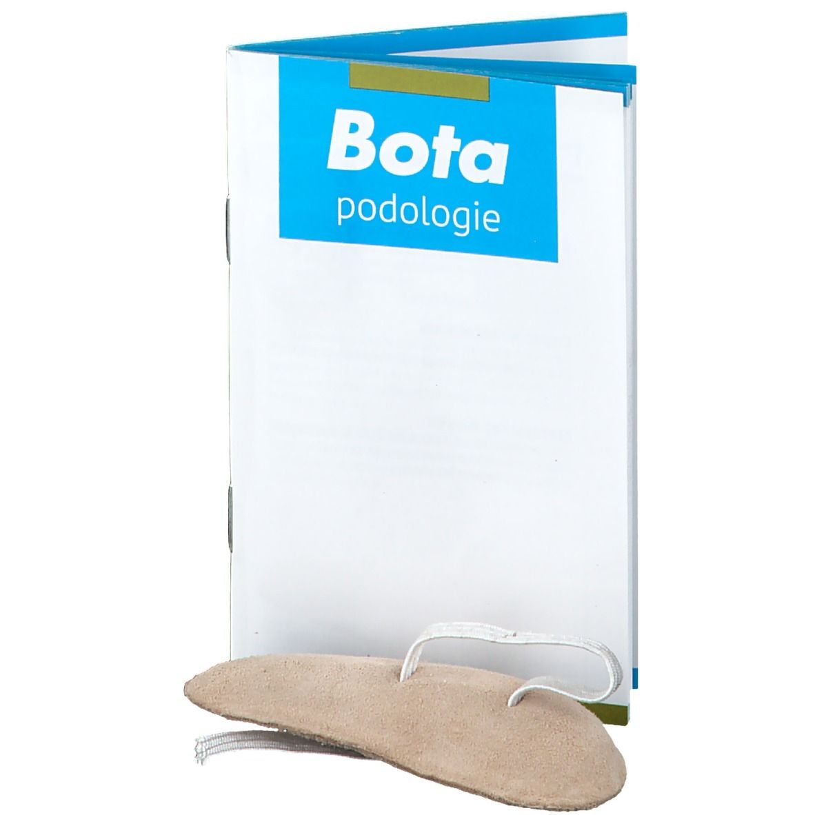 Semelle intérieure avec lanière blanche, à côté d'un livre ouvert avec un titre bleu. Livre avec 'Bota podologie'.