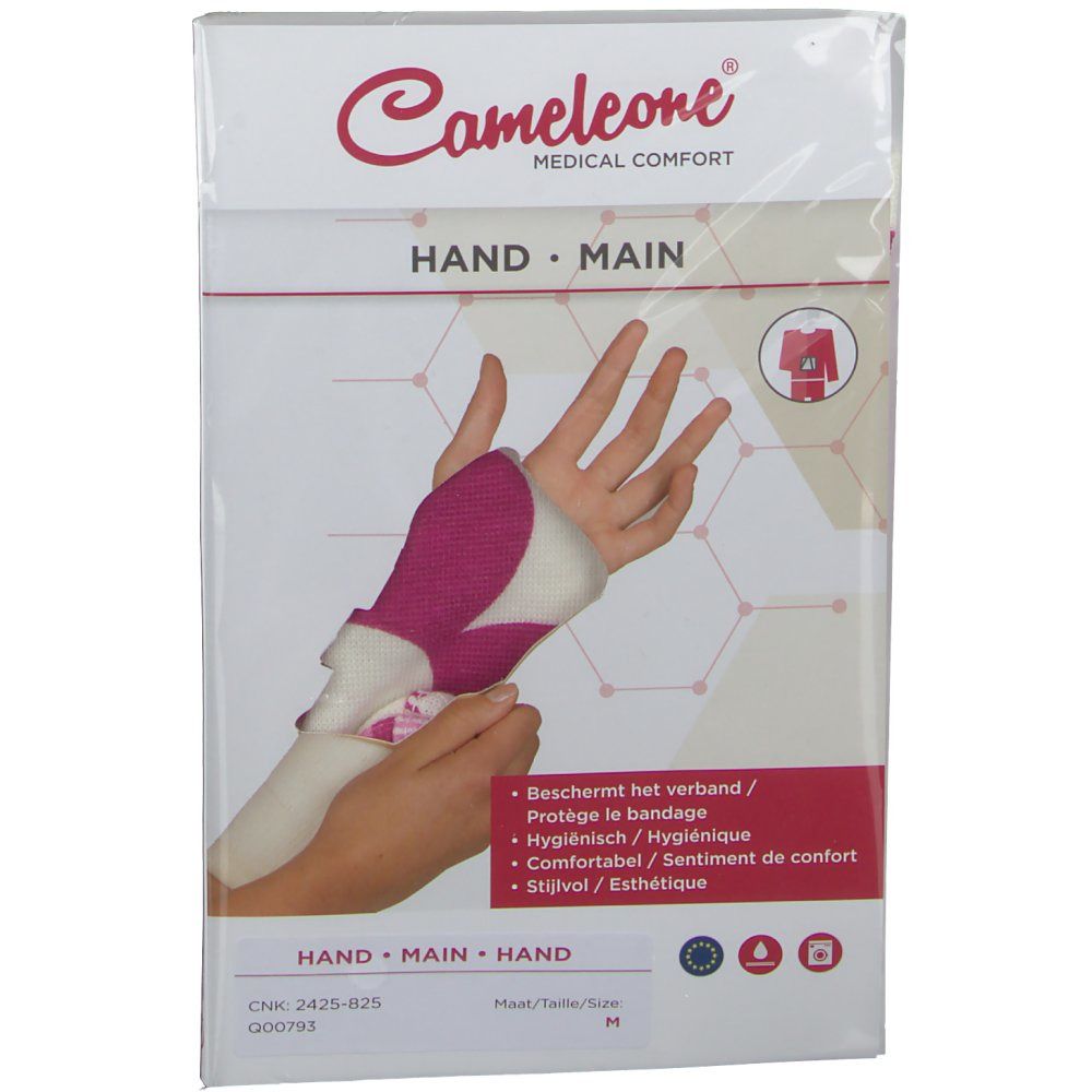 Cameleone Handbandage Gr. M dans son emballage. Produit rose et blanc, modèle de main, nom du produit et confort médical.