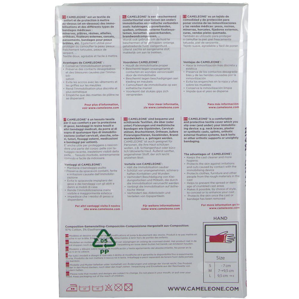 Dos de l'emballage Cameleone Handbandage Gr. M. Informations textuelles, indications de taille, nom du produit et logo.