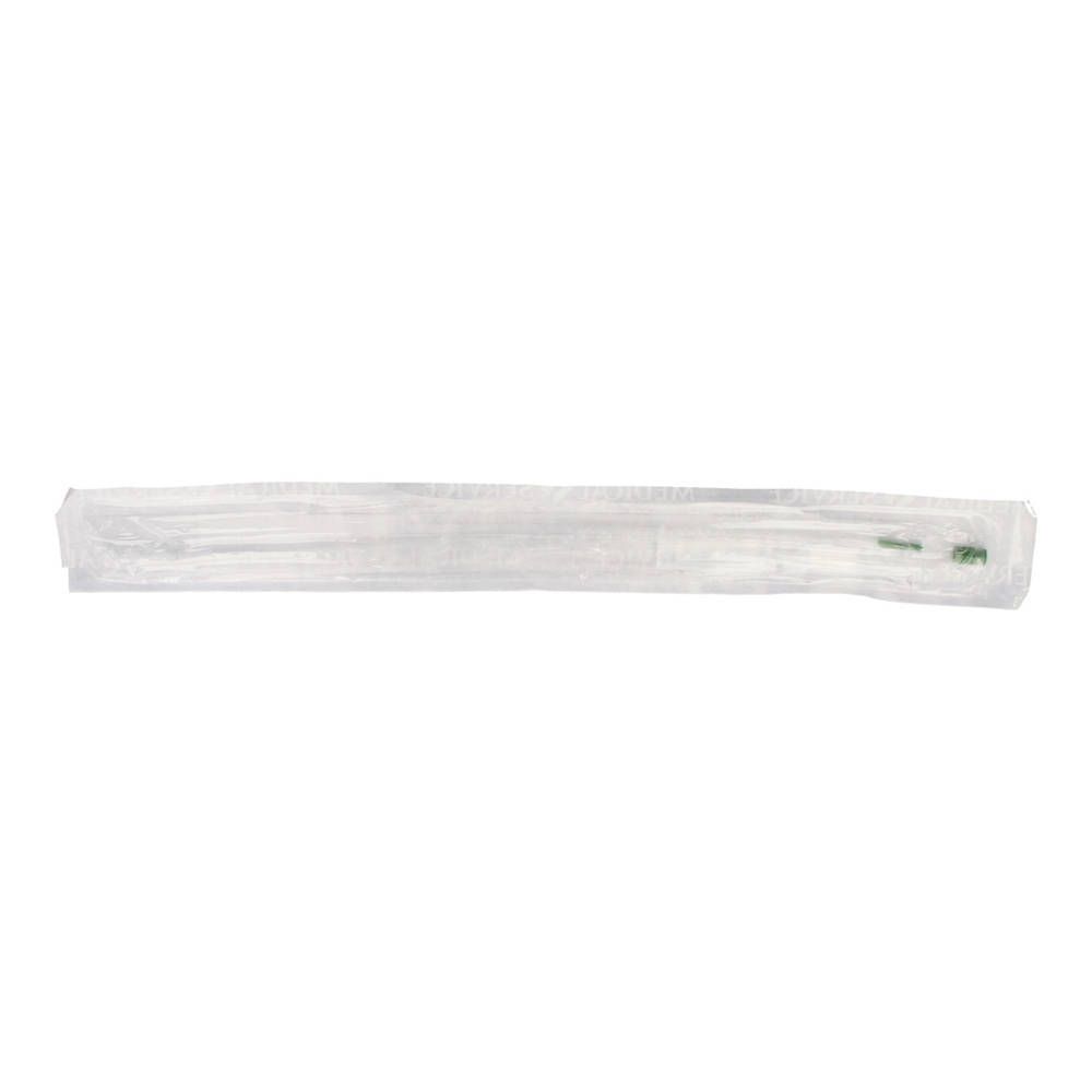 Sonde médicale emballée. Emballage transparent et allongé. Marques vertes à l'extrémité.
