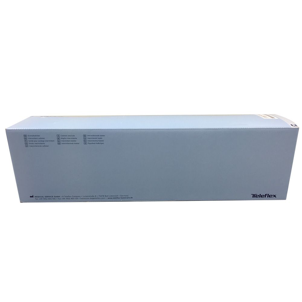Emballage bleu clair avec informations produit et logo Teleflex. Boîte avec texte et symboles.