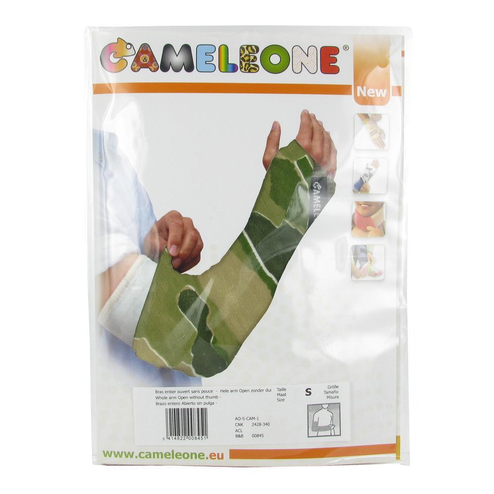 Manchon de protection de bras camouflage, pouce ouvert, en emballage. Marque Cameleone. Taille S.
