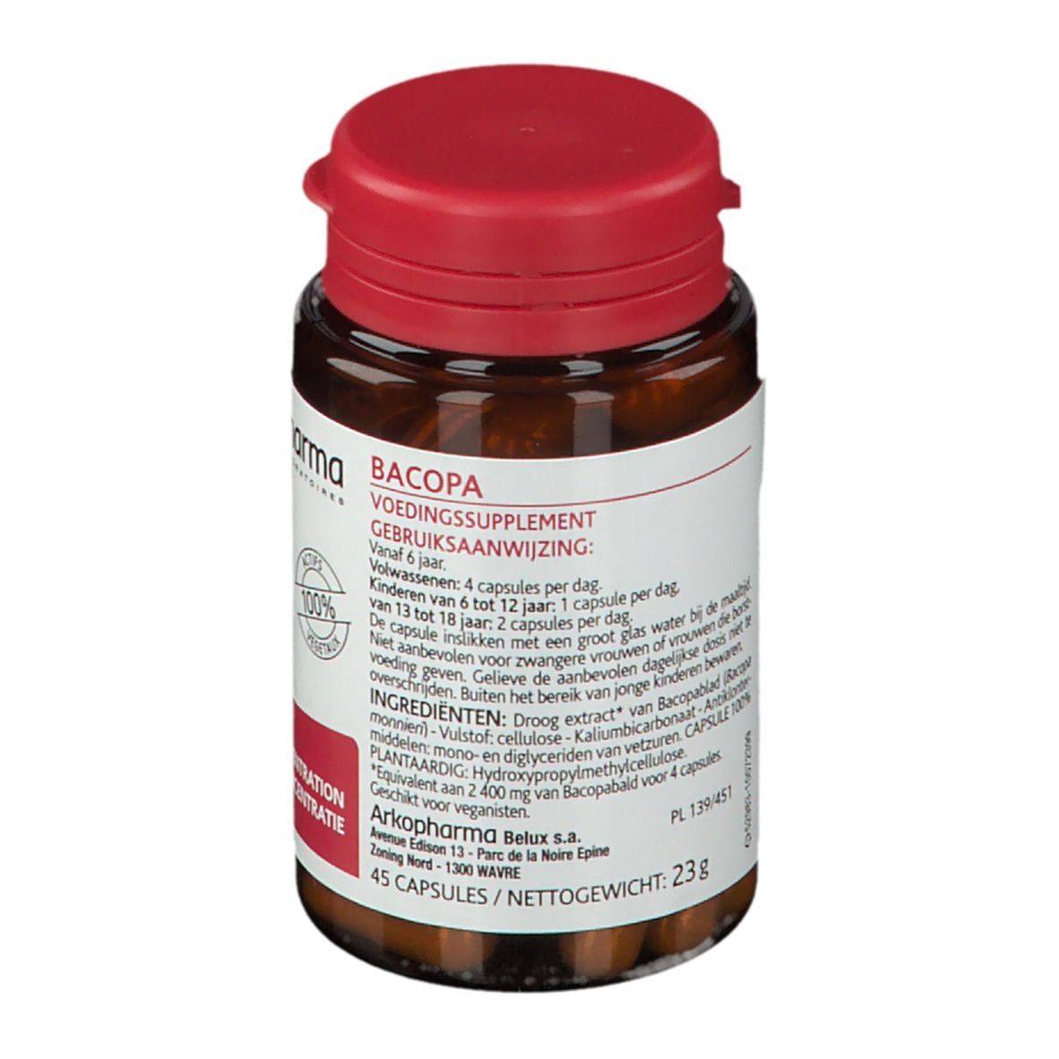 Bruine fles met rode dop. Etiket met productinformatie. Bevat capsules.
