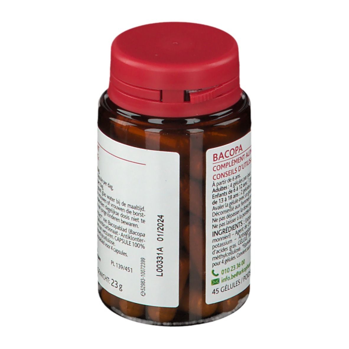 Bruine fles met rode dop. Etiket met productinformatie. Bevat capsules.