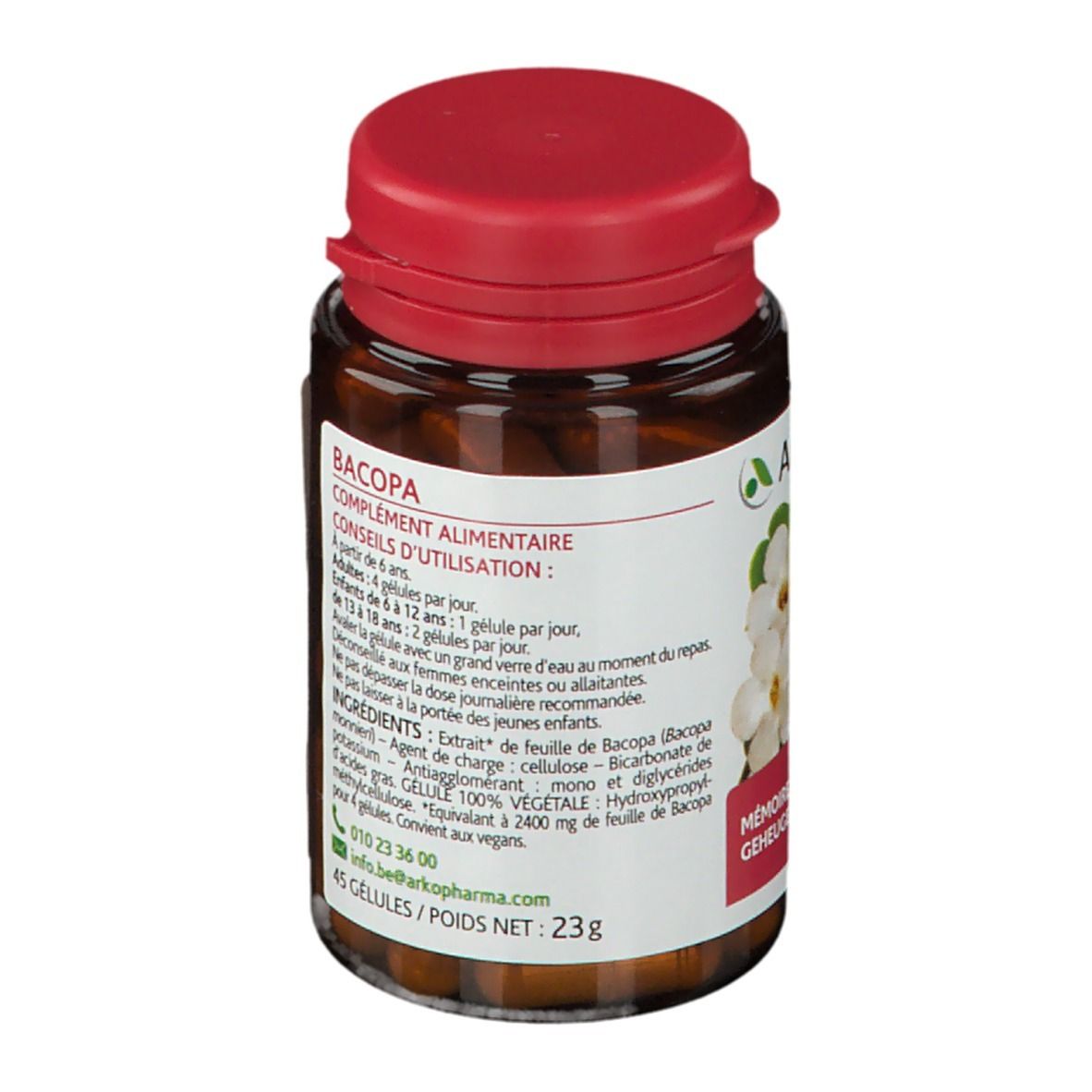 Bruine fles met rode dop. Etiket met productinformatie. Bevat capsules.