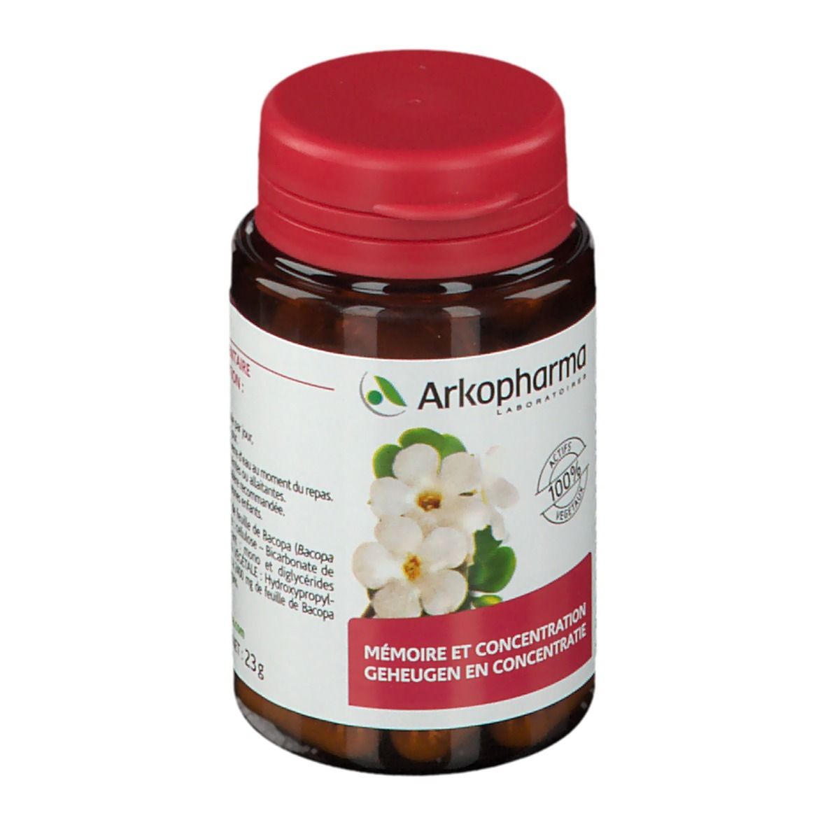 Bruine fles met rode dop. Etiket met productinformatie. Bevat capsules.