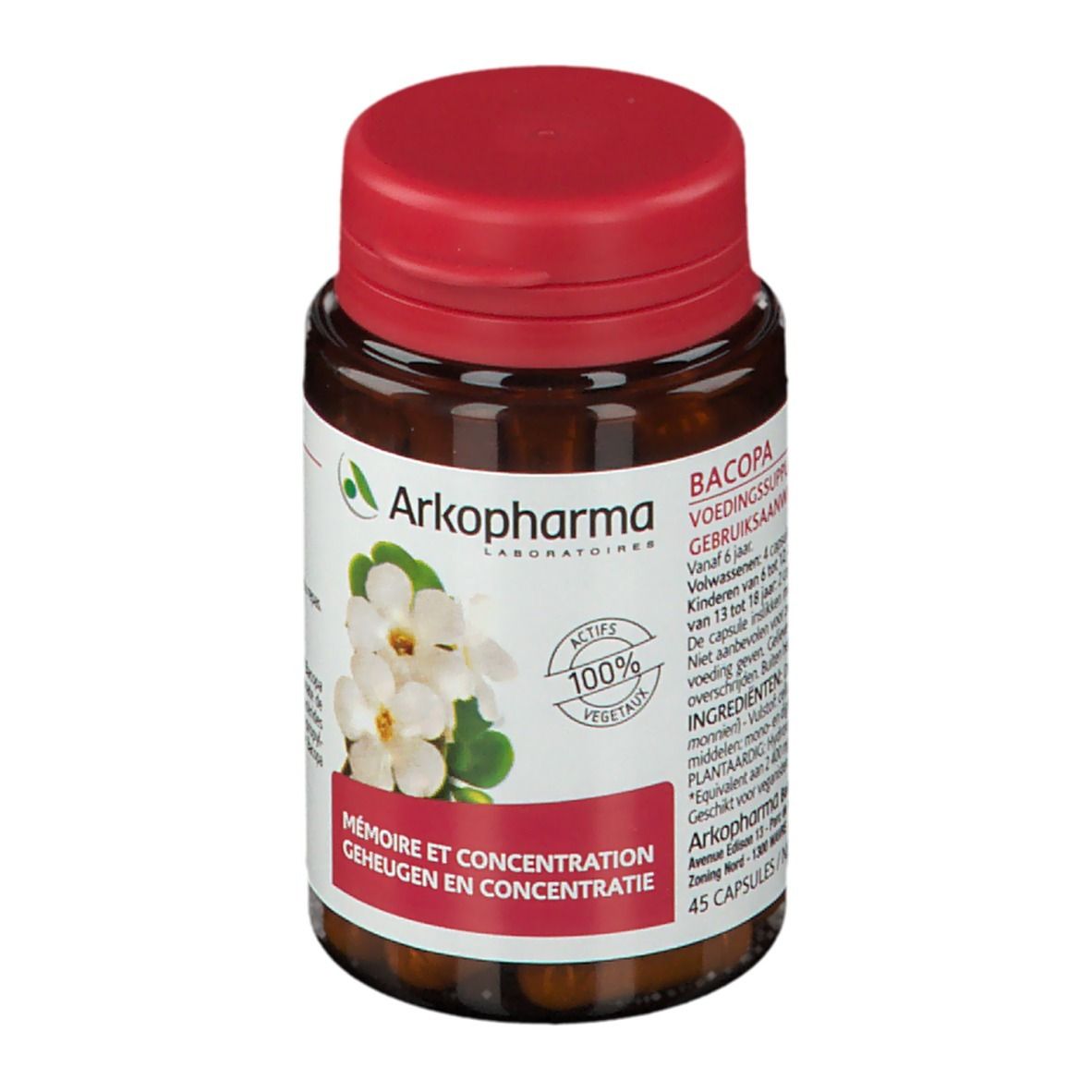 Bruine fles met rode dop. Etiket met productinformatie. Bevat capsules.