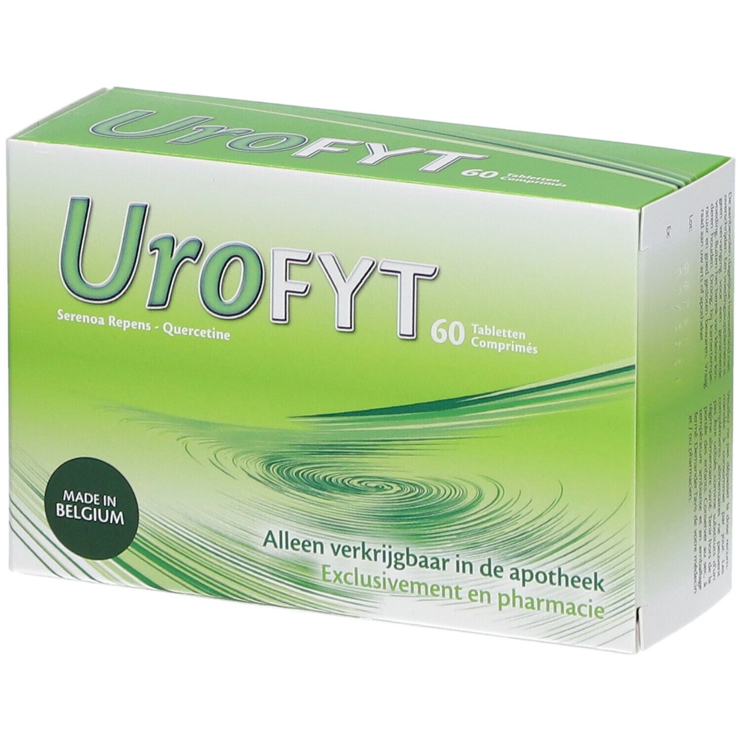 Urofyt-verpakking. Groen-witte doos met productnaam en 60 tabletten. Gemaakt in België.