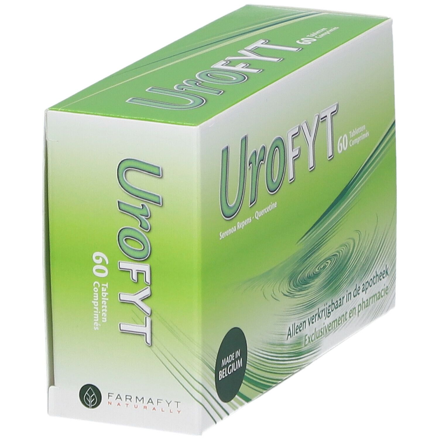 Urofyt-verpakking, schuin. Groen-witte doos met productnaam en 60 tabletten. Gemaakt in België.