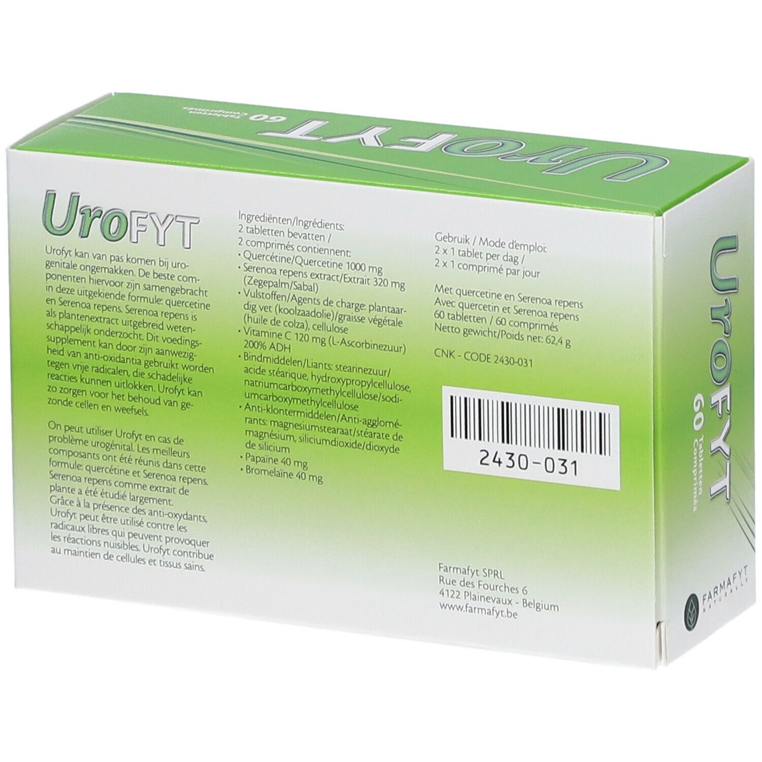 Achterkant van de Urofyt-verpakking. Bevat informatie over ingrediënten, dosering en fabrikantenadres.