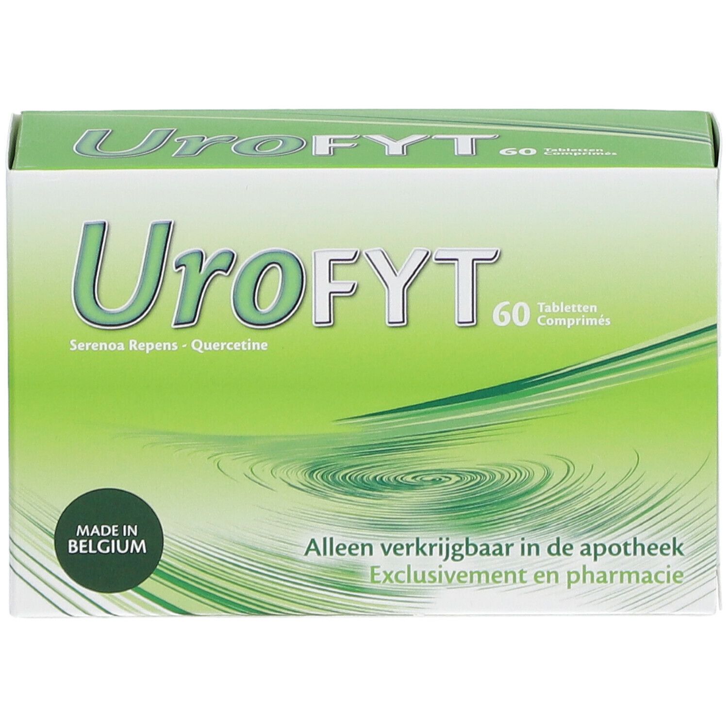 Urofyt-verpakking. Groen-witte doos met productnaam en 60 tabletten. Alleen verkrijgbaar in de apotheek.
